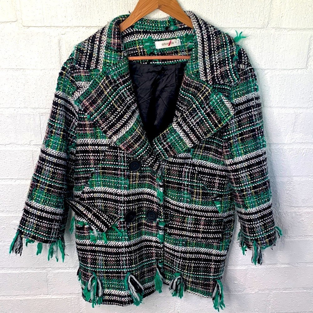 Storets Plaid Tweed Fringe Green Pea Coat size Small